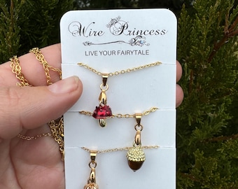 Mushroom Acorn Pinecone Necklace Set: Gold Tone Forest Pendants