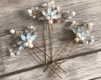 Blue Rhinestone Bridal Hair Pins: Swarovski Crystal Wedding Hair Jewelry