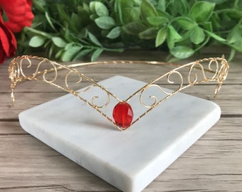 Ruby Crystal Elven Crown: Gold Wire Circlet Headpiece