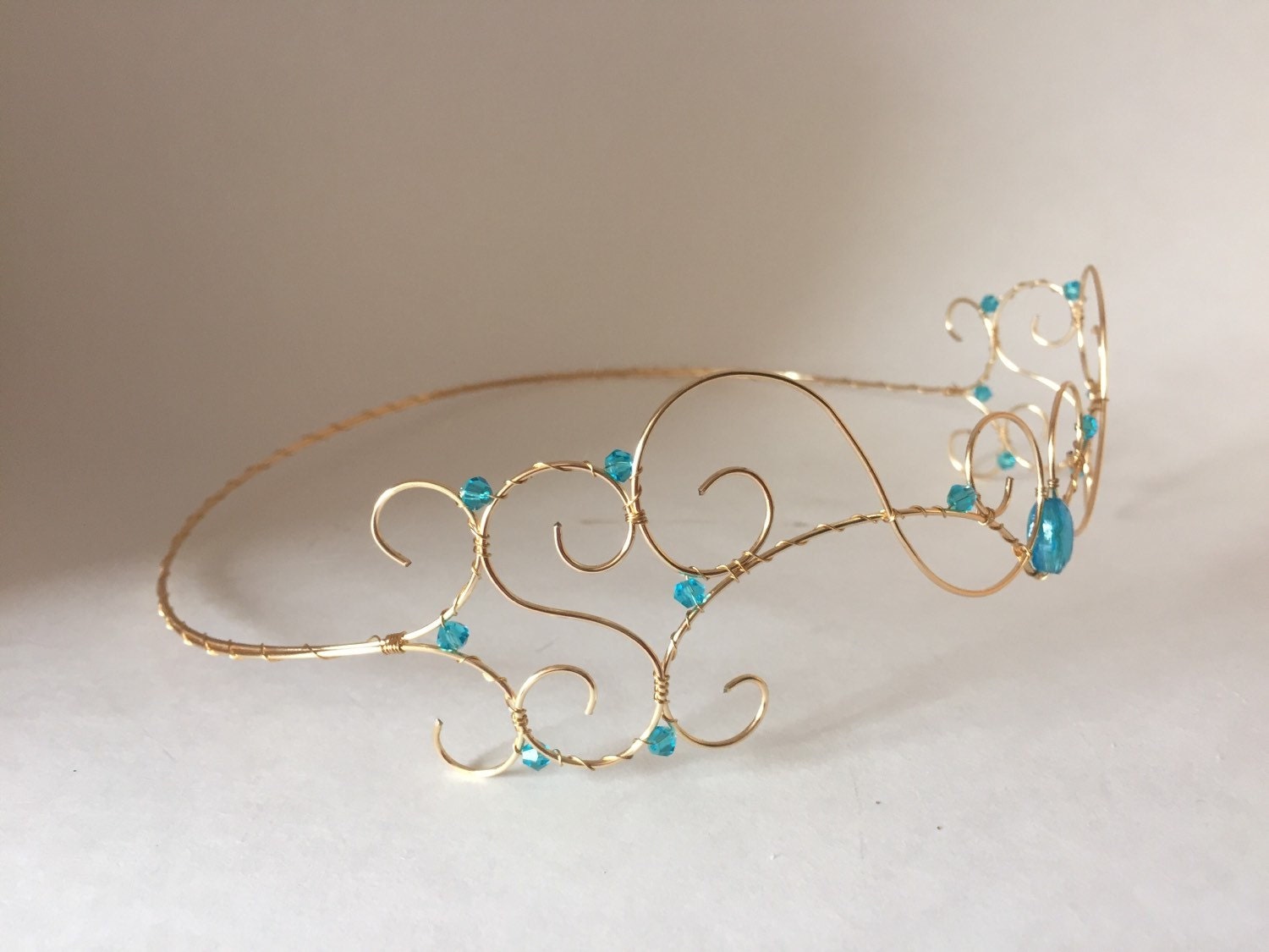 HAND CRAFTED Blue crystal and gold wire wrapped crown headband accessory Crystal Empress Crown - Gold Wire Headpiece with Crystals  main image 2