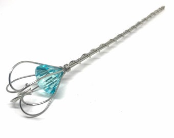 Aquamarine Jewel Wand - Wire Scepter - Princess Sceptre - Flower Girl - Fairy Godmother Gift -