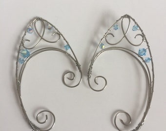 Wire Elfin/ Fairy Ear Cuffs - pointy ear cuffs. Silver and blue, light blue, Fairy jewelry, blue fairy