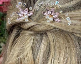 Pink Rhinestone Bridal Hair Pins: Swarovski Crystal Wedding Jewelry