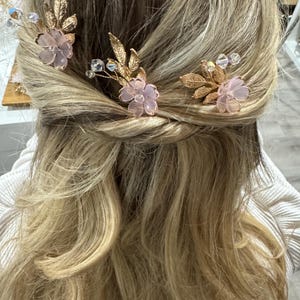Bridal Blossom Hair Pins - Wedding Hair Jewelry - Pink Flower Rhinestone Hair Accessories - Blush Foral Pins - Bridesmaids Accessories