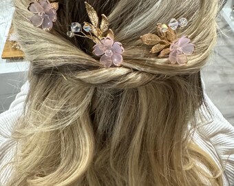 Bridal Flower Hair Pins: Swarovski Crystal, Pink Blossom Wedding Jewelry