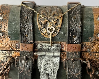 Key Charm Necklace, Gold Rhinestone Heart Key Necklace, Romantic Key to my Heart Pendant