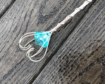 Aquamarine Jewel Wand - Wire Scepter - Princess Sceptre - Flower Girl - Fairy Godmother Gift -