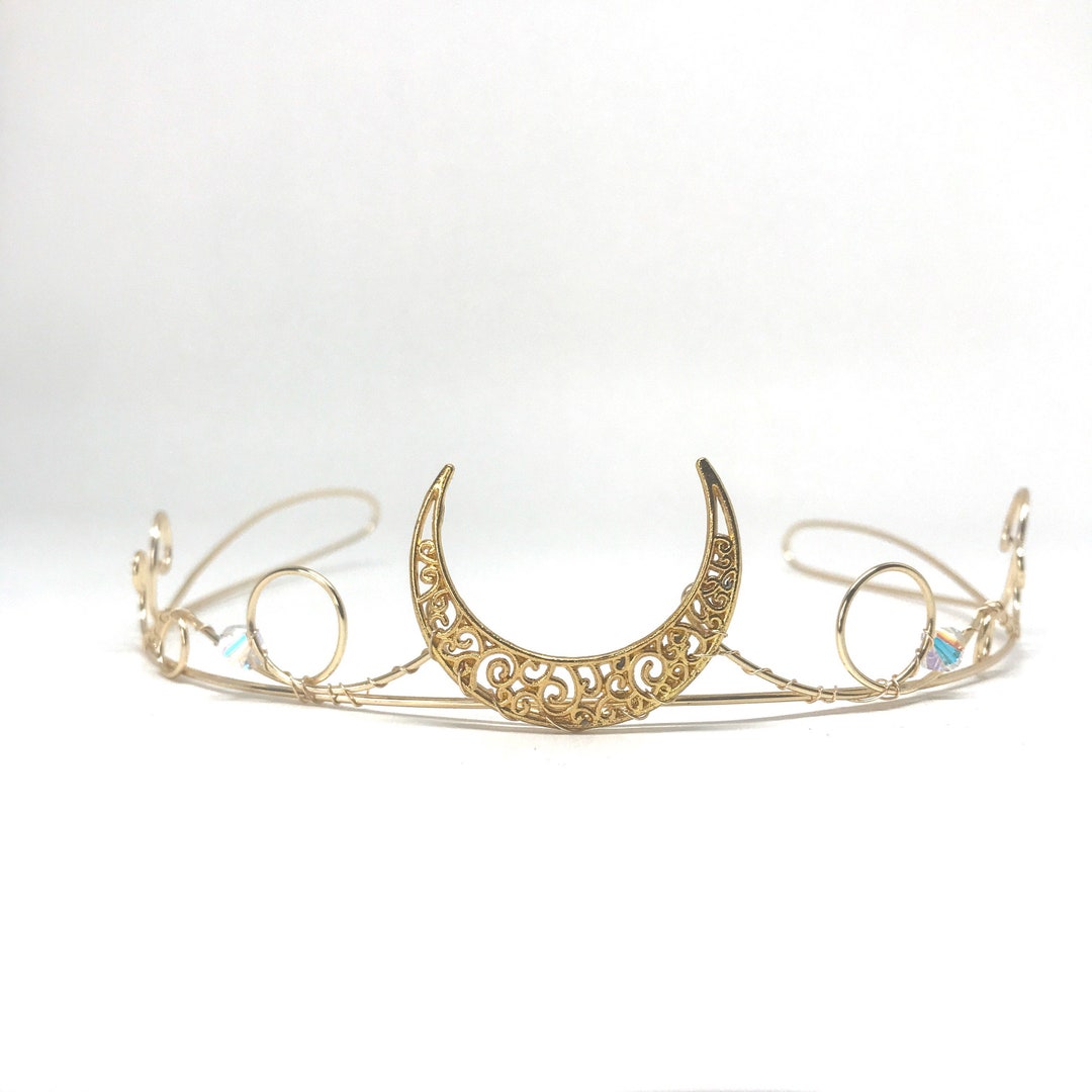 Gold and Light Iridescent Natural-Crystal Tiara Crescent Moon Crown Celestial Moon Goddess Bridal Crown – CARBICKOVA CROWNS main image 4