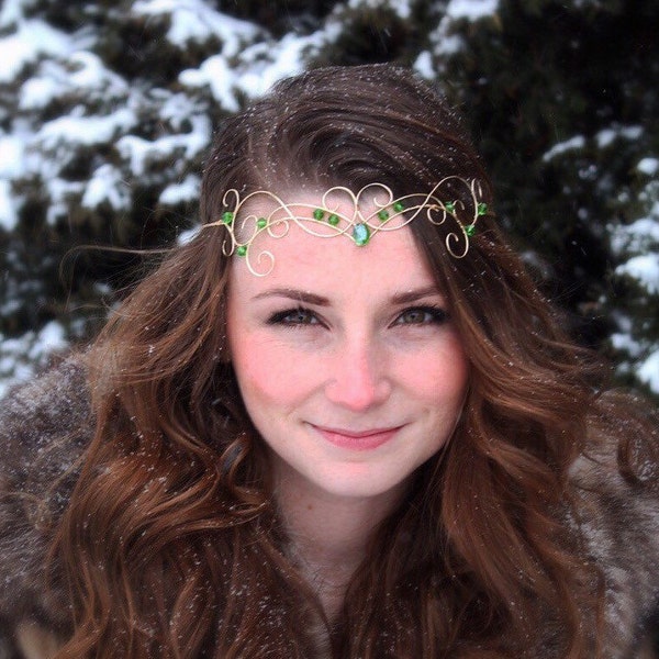 Elfin Tiara - Forehead Crown - Bridal Circlet - Green and Gold