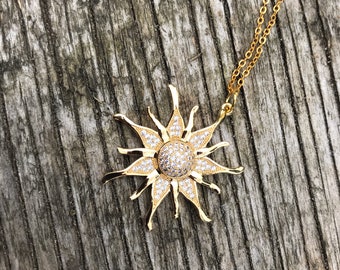 Gold Sun Pendant Necklace: Cubic Zirconia Rhinestone Charm