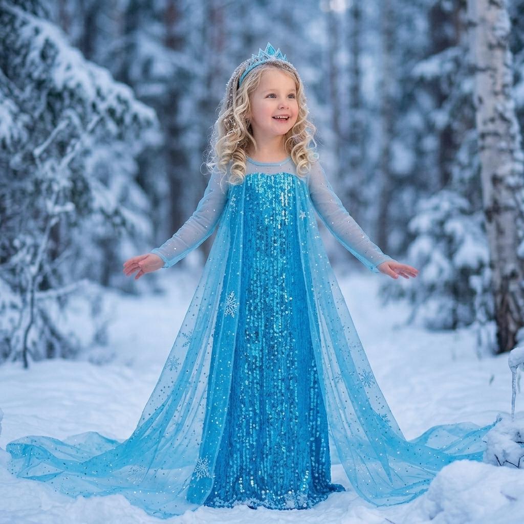 blue dress like elsa Halloween Snowflake Print Ice Princess Costume Dress with Sweetheart Neckline and Adjustable Straps