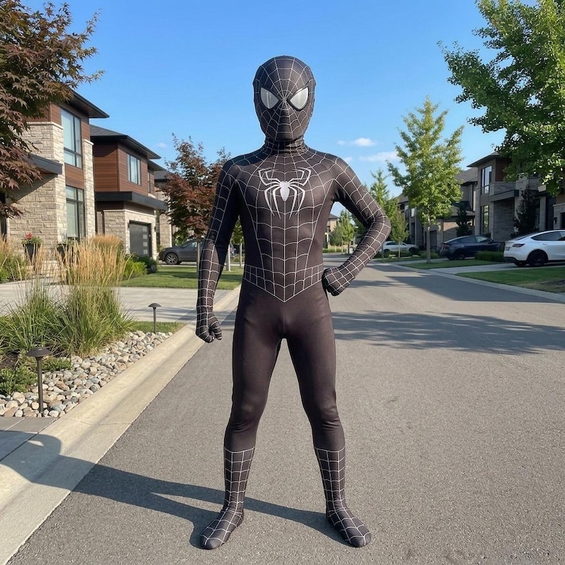 May include: A black and white Spider-Man costume with a full-body design. The costume features a spider web pattern and a white spider emblem on the chest. The mask covers the entire head, with white eye details.