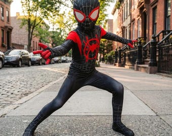 Spider Kids Suit, Costume with Mask – Black Spider Cosplay Bodysuit, Miles Morales Style, Superhero Gift for Boys Birthday