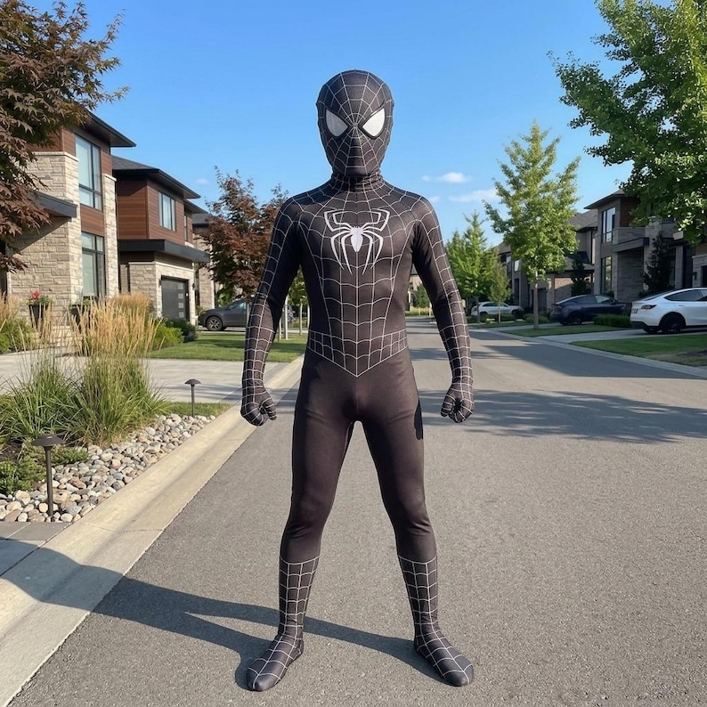 May include: A black and white Spider-Man costume. The full-body suit features a web pattern and a white spider emblem on the chest. The mask has white eye coverings. The costume is worn on a paved road.