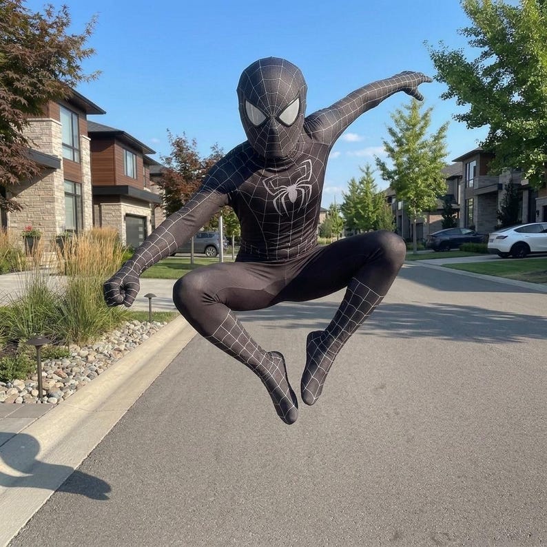 May include: A black and white Spider-Man costume with a spider emblem on the chest and a web pattern. The costume is worn by a person jumping in the air on a residential street.