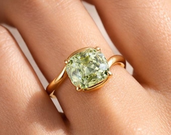 Green Amethyst Cushion Cut Ring, Polished Gold Prasiolite Statement Jewelry