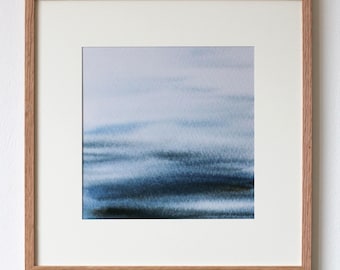 Blauwe aquarelkunstdruk, minimale abstracte muurkunst, rustig neutraal decor