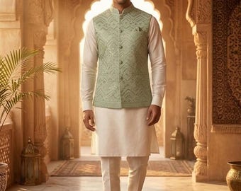 Saliegroene geborduurde Koti Kurta-pyjama voor heren, etnische kleding Romeinse zijde
