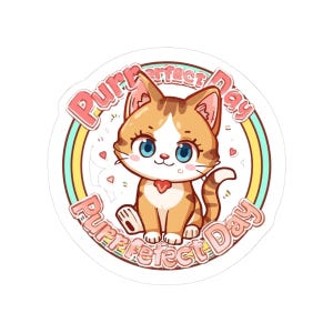 以下が含まれることがあります： オレンジと白の毛並み、青い目、赤いハート型のペンダントを持つ漫画の猫が描かれた丸いステッカー。「Purrfect Day」の文字がピンク色で書かれており、背景には虹があります。