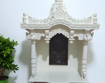 Luxe witte houten tempel voor thuis | Handgemaakte Pooja-mandir met lades | Hindoeïstische gebedsschrijn | Gesneden huismandir