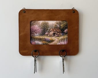 Leather Key Holder with Photo Frame, Wall Mounted Entryway Organizer, Handmade Key Rack, Personalized Home Decor