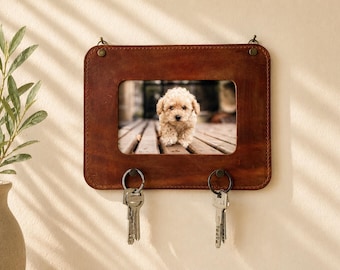 Brown Leather Key Holder with Photo Frame, Entryway Organizer, Handmade Decor