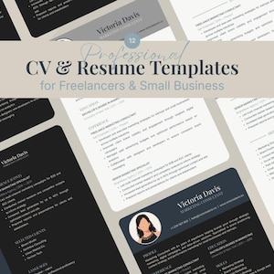 May include: A collection of professional CV and resume templates for freelancers and small businesses. The templates feature a modern design with a combination of black, white, and gray colors. The text "CV & Resume Templates" is displayed prominently.