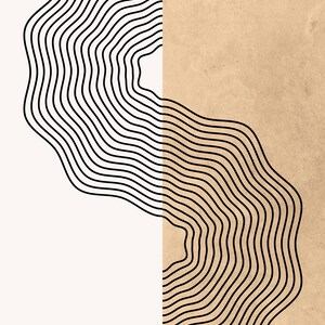 May include: Abstract art print featuring a split design. One side is a beige color, the other is white. Black wavy lines create a layered pattern on both sides, forming a unique visual texture. The artwork has a minimalist aesthetic.