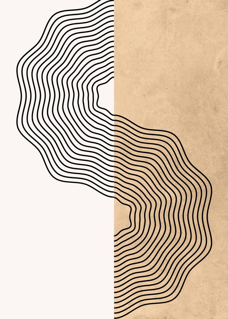 May include: Abstract art print featuring a split design. One side is a beige color, the other is white. Black wavy lines create a layered pattern on both sides, forming a unique visual texture. The artwork has a minimalist aesthetic.