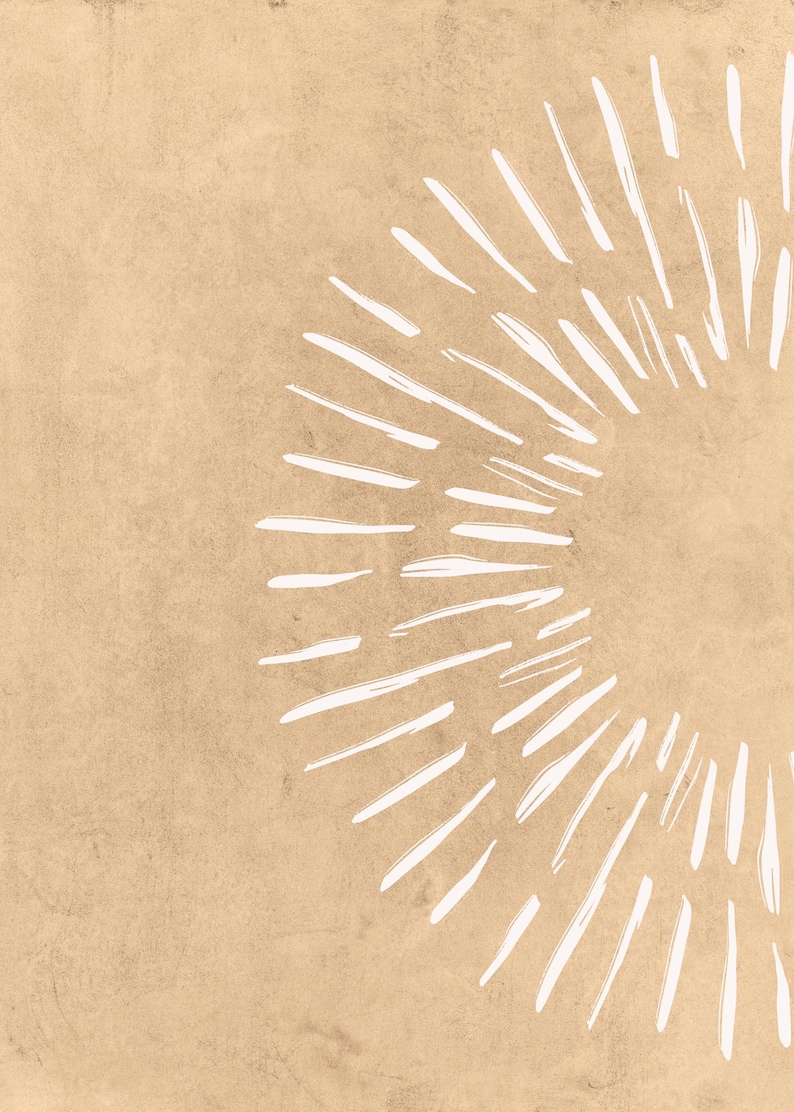 May include: Abstract art print featuring a sunburst design. The artwork showcases a radial pattern of white brushstrokes against a textured, tan background. The design evokes a sense of energy and movement, suitable for modern decor.