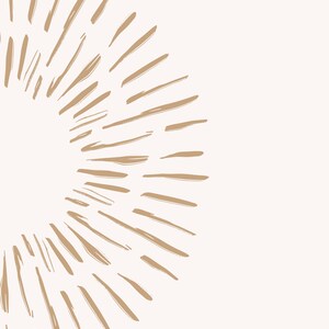 May include: Abstract art print featuring a sunburst design. The artwork showcases a series of brown brushstrokes radiating outward from a central point against a cream-colored background. This minimalist design is suitable for various home decor styles.