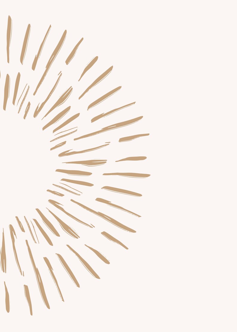 May include: Abstract art print featuring a sunburst design. The artwork showcases a series of brown brushstrokes radiating outward from a central point against a cream-colored background. This minimalist design is suitable for various home decor styles.