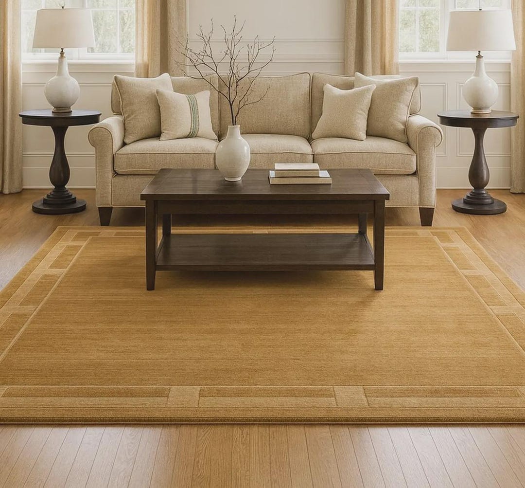 Brown Neutral Area Rug, Minimalist Border Rug, Modern Living Room ...