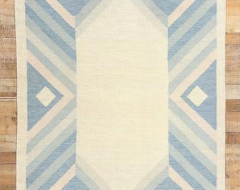 Light Blue Handwoven Wool Rug, Scandinavian Geometric Area Rug, cream Flatweave Carpet, Modern Living Room Bedroom decor carpet