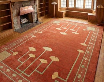 Arts and Crafts Hand Tufted Rug – Mission Style Ginkgo Rust Area Carpet