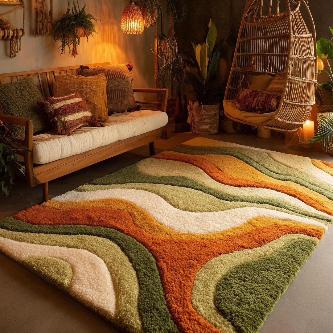 Retro Boho Wave Area Rug, Mid Century Modern Abstract Rug, 70s Style ...