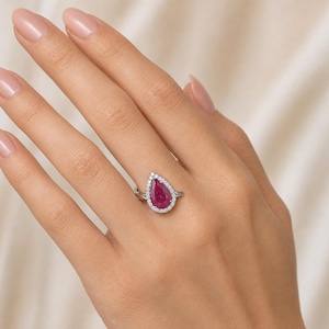 Natural Ruby Pear Cut Ring, 8x6mm Moissanite Halo, Sterling Silver, July Birthstone