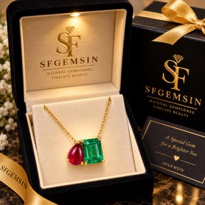 May include: A gold chain necklace featuring a pear-shaped red gemstone and a rectangular emerald-cut green gemstone, presented in a black velvet box with the gold logo SFGEMSIN and the text A Special Gem for a Brighter You on a card.