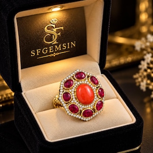 May include: A gold ring featuring a central oval orange coral cabochon surrounded by eight oval red rubies and a border of small white diamonds. The ring is displayed in a black velvet box with the text SFGEMSIN printed in gold.