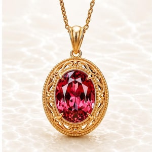 May include: A gold pendant necklace featuring a large, oval-cut, deep red gemstone set within an intricate, filigree-style gold frame. The pendant hangs from a delicate gold chain, showcasing a polished finish and detailed metalwork around the stone.