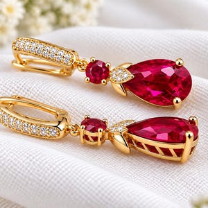 Pear Cut Ruby Drop Earrings, Moissanite Accents, Gold Plated Sterling Silver