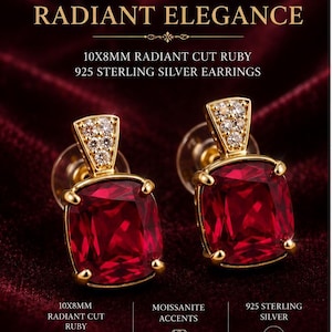 Könnte beinhalten: Radiant Elegance 10x8mm Radiant-Schliff Rubin 925 Sterlingsilber Ohrringe mit Moissanit-Akzenten. Die Ohrringe zeigen große rechteckige rote Steine in goldfarbenem Metall mit kleinen klaren Steinen an den Ohrsteckern und transparenten Verschlüssen.