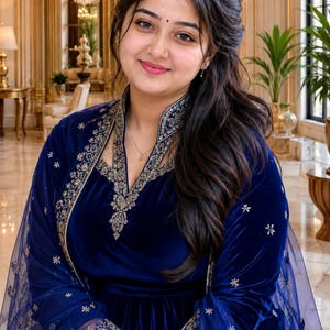 May include: A deep blue velvet dress featuring a high neckline with intricate gold embroidery along the collar and bodice. The garment includes a matching sheer blue dupatta with gold star-shaped embellishments and a delicate gold border trim.
