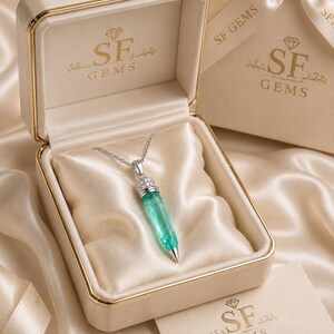 Lab Grown Emerald Pencil Pendant Necklace | Sterling Silver Statement Jewelry, Gift for Her Him