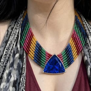 Natural Ruby, Emerald & Sapphire Rainbow Necklace, 90 Ct Simulated Blue Sapphire Pendant, 925 Silver
