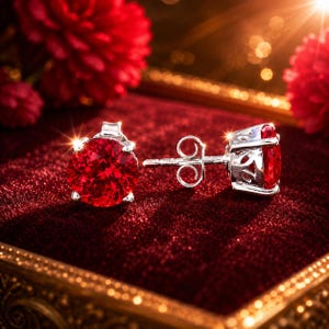 May include: A pair of stud earrings featuring round, faceted, vibrant red stones set in polished silver-toned metal. The settings have a decorative, openwork gallery design, and the posts include standard butterfly-style friction backs.
