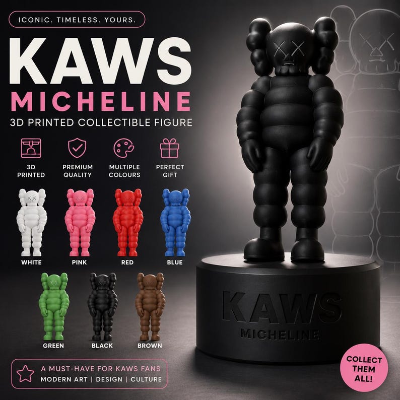 May include: A black 3D printed KAWS Micheline collectible figure standing on a cylindrical base with the text KAWS MICHELINE. The image displays the figure in white, pink, red, blue, green, black, and brown, with icons for 3D printed quality.