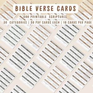 Könnte beinhalten: Anordnung von Bibelverskarten mit Text: "BIBLE VERSE CARDS, 600 PRINTABLE SCRIPTURES, 20 CATEGORIES, 30 PDF CARDS EACH, 10 CARDS PER PAGE." Die Karten sind in Braun-, Grün- und Schwarztönen mit weißem Text gehalten. Die Karten liegen auf einer hellbeigen Oberfläche.