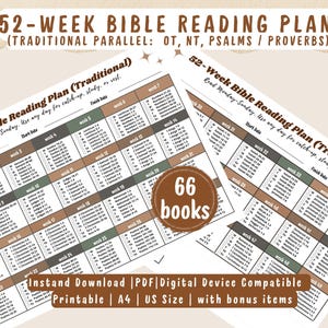 Puede incluir: Dos hojas imprimibles del plan de lectura bíblica de 52 semanas. Las hojas son de color beige y blanco con un programa de lectura semanal. El texto incluye "52-Week Bible Reading Plan" y "66 books". Las hojas son de tamaño A4 y US.