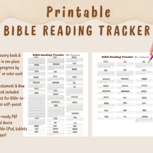 Könnte beinhalten: Druckbarer Bibel-Lesetracker mit Tabellen des Alten und Neuen Testaments. Zu den Funktionen gehören das Verfolgen von Büchern und Kapiteln, das Markieren des Fortschritts und die Kompatibilität mit digitalen Geräten. Der Text lautet "Printable Bible Reading Tracker".
